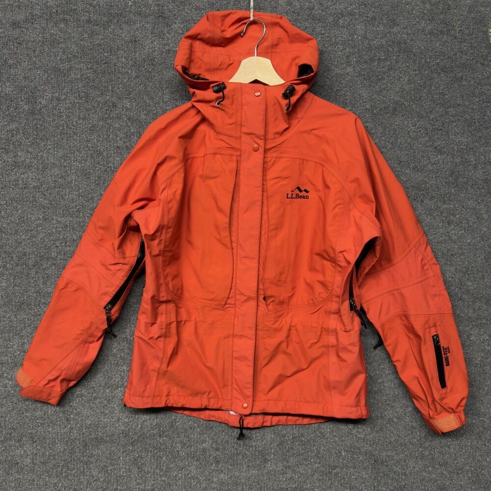L.L. Bean Gore-Tex Rain Jacket Womens M Orange Hooded Waterproof Hiking Shell